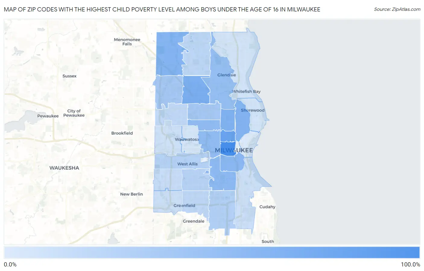 Zip Codes with the Highest Child Poverty Level Among Boys Under the Age of 16 in Milwaukee Map