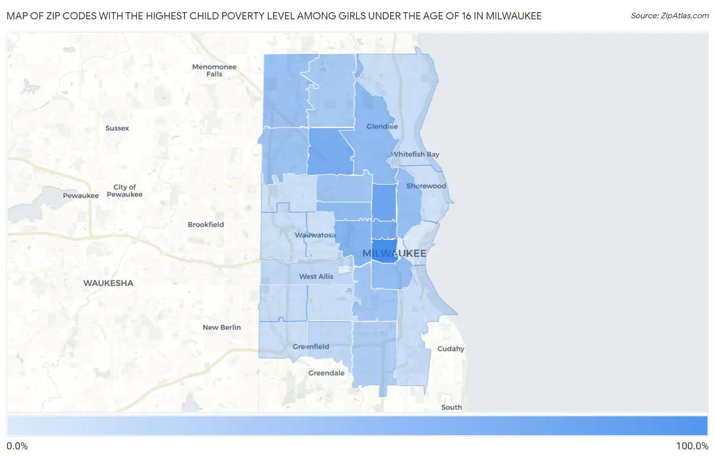 Zip Codes with the Highest Child Poverty Level Among Girls Under the Age of 16 in Milwaukee Map