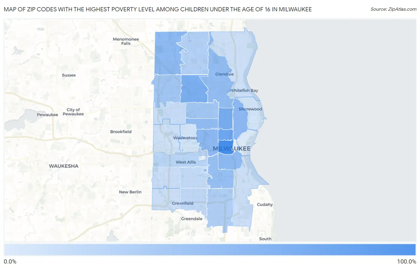 Zip Codes with the Highest Poverty Level Among Children Under the Age of 16 in Milwaukee Map