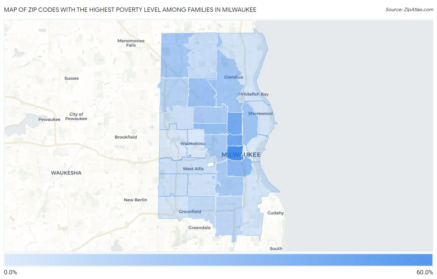 Zip Codes with the Highest Poverty Level Among Families in Milwaukee Map
