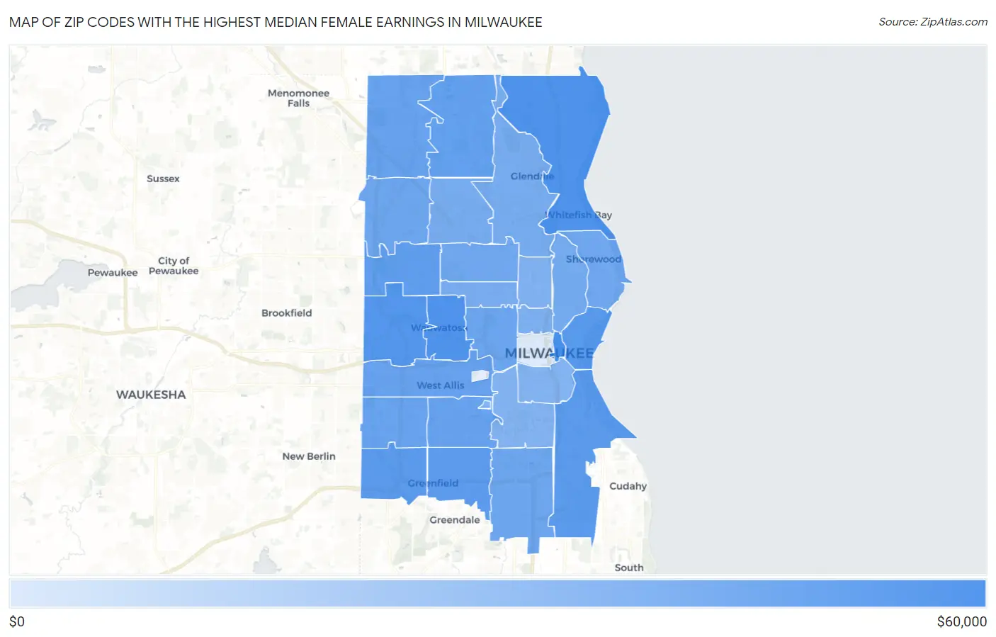 Zip Codes with the Highest Median Female Earnings in Milwaukee Map