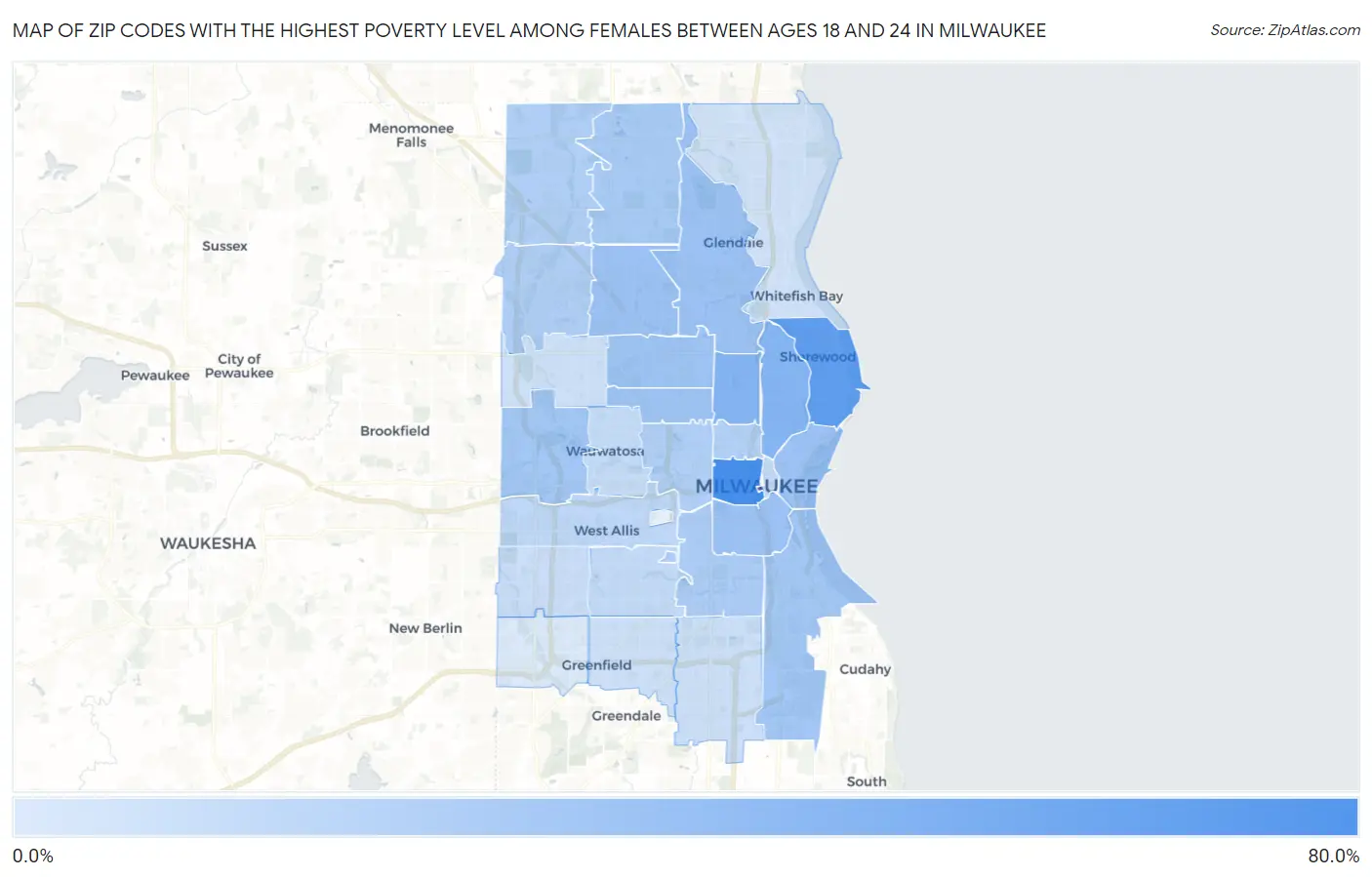 Zip Codes with the Highest Poverty Level Among Females Between Ages 18 and 24 in Milwaukee Map