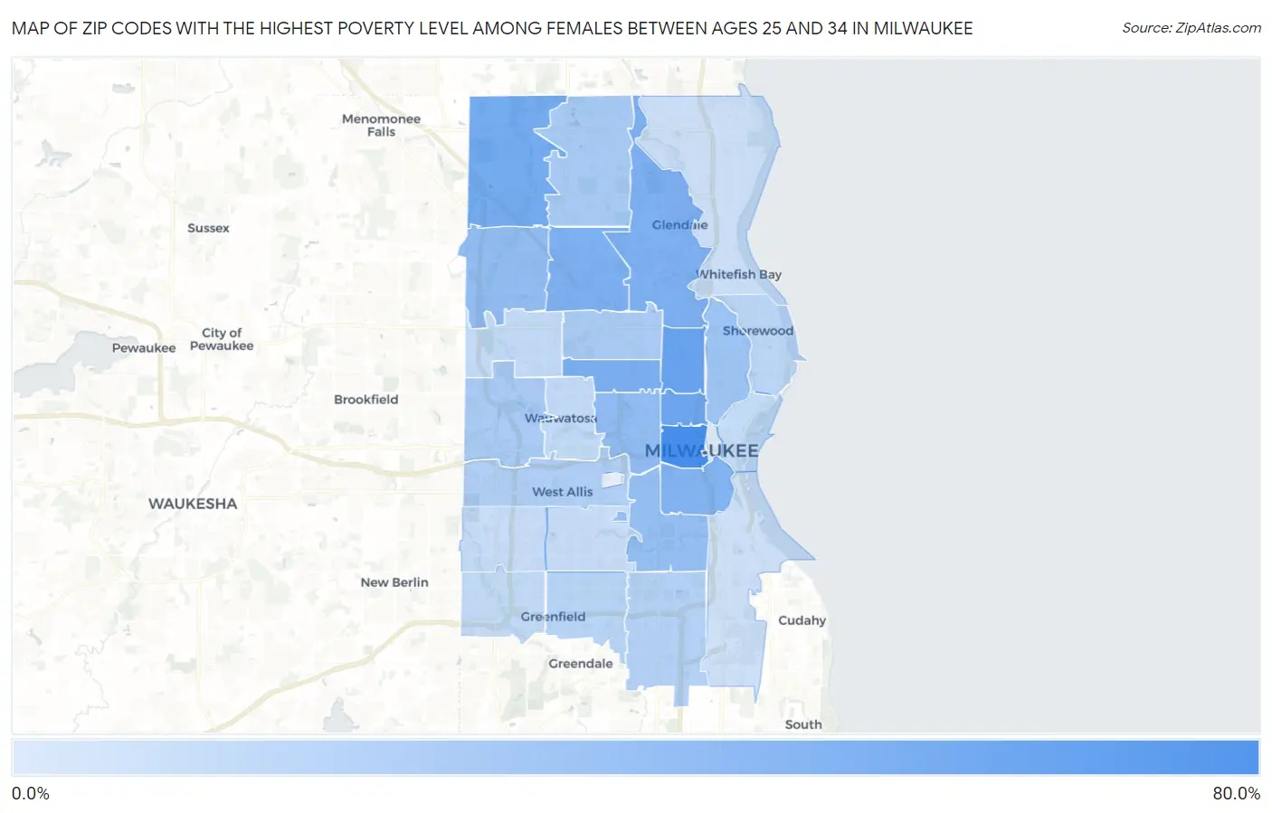 Zip Codes with the Highest Poverty Level Among Females Between Ages 25 and 34 in Milwaukee Map