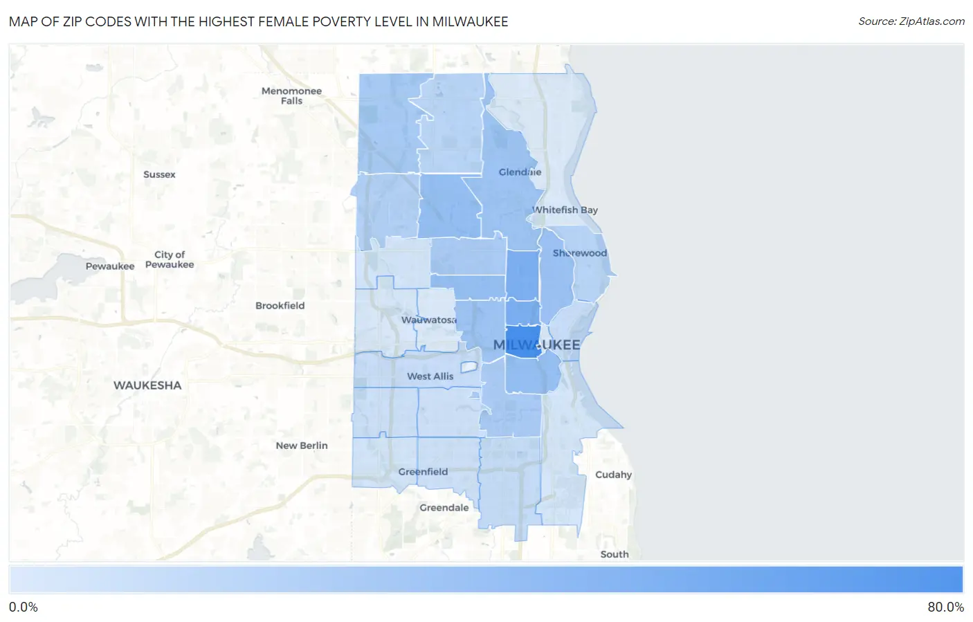 Zip Codes with the Highest Female Poverty Level in Milwaukee Map