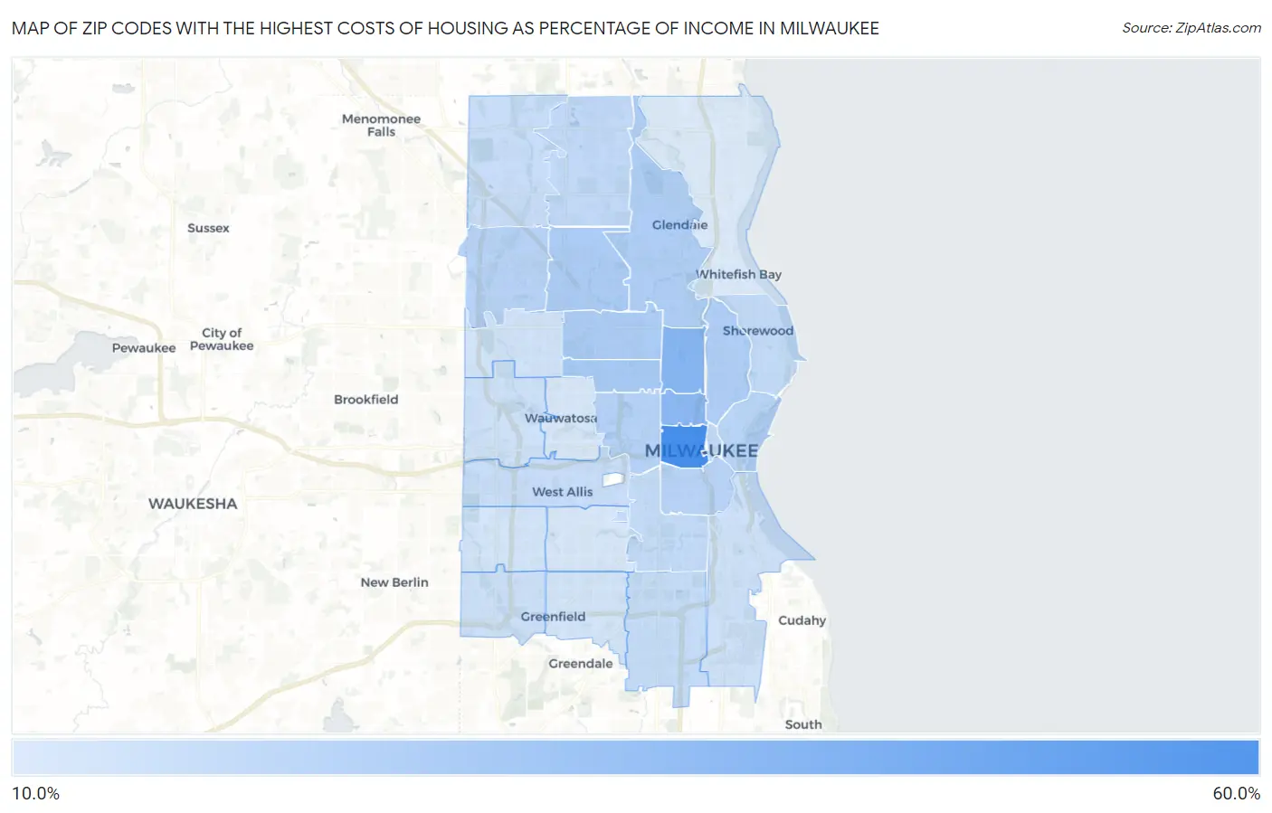 Zip Codes with the Highest Costs of Housing as Percentage of Income in Milwaukee Map