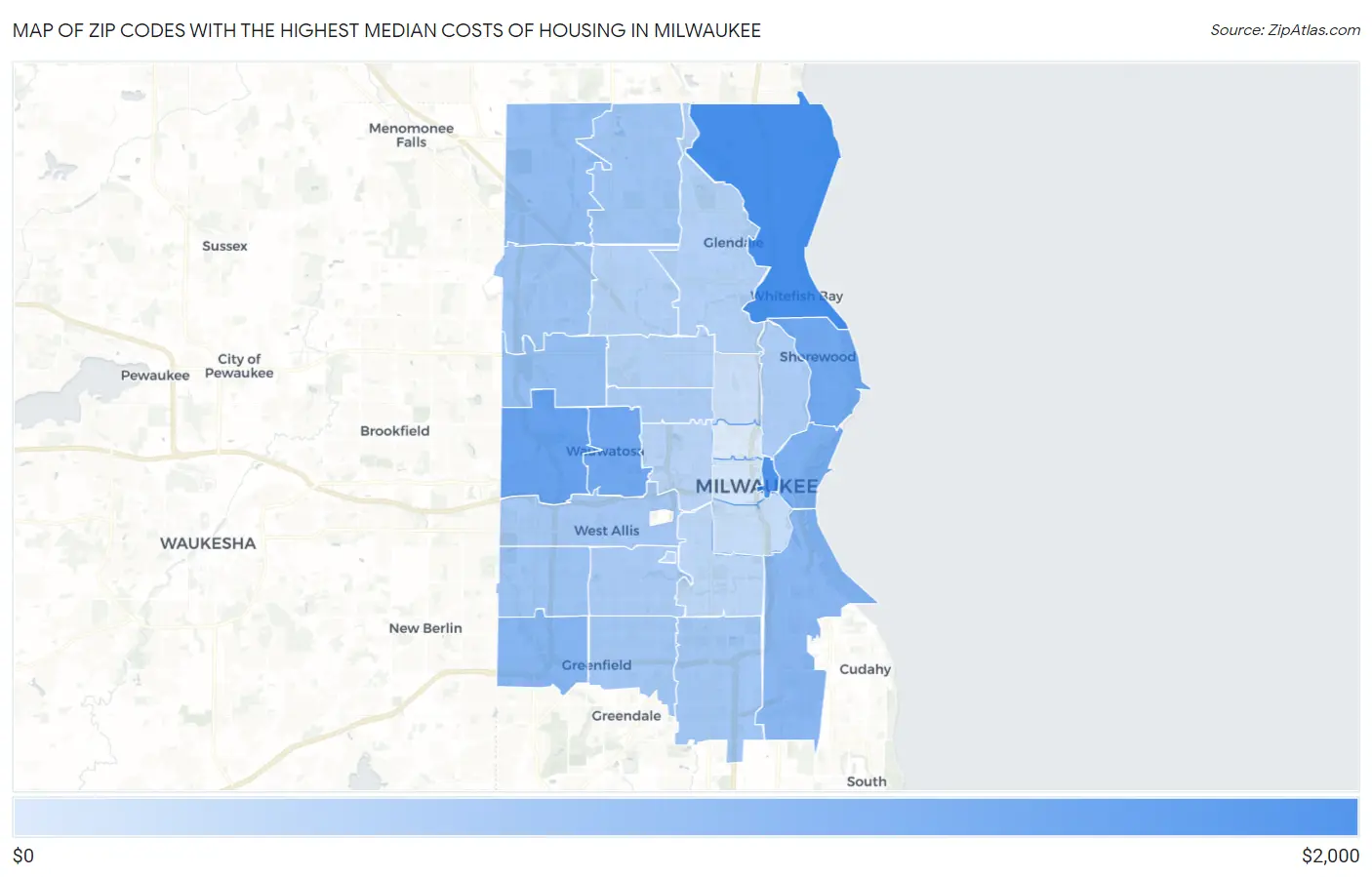 Zip Codes with the Highest Median Costs of Housing in Milwaukee Map