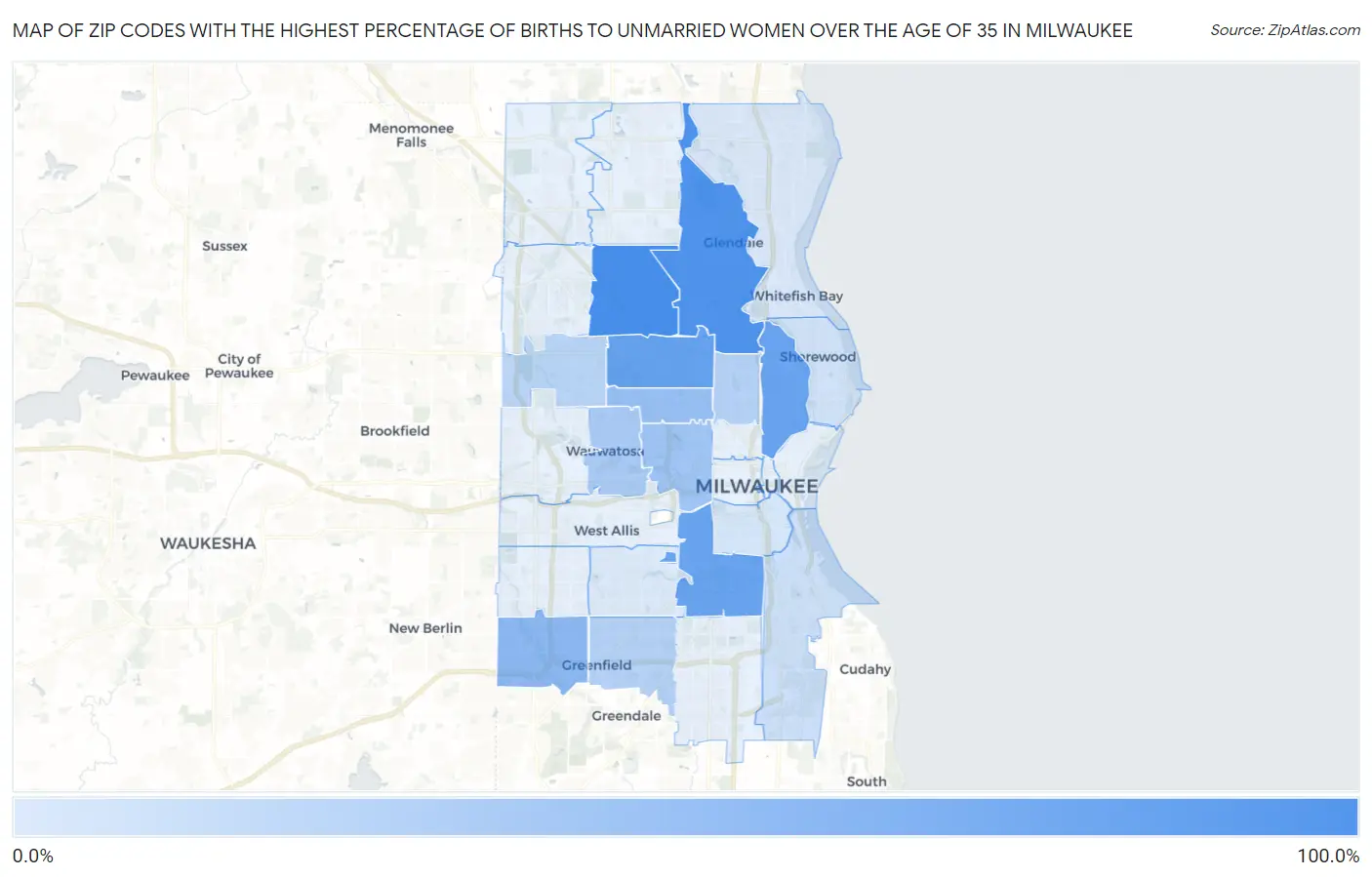 Zip Codes with the Highest Percentage of Births to Unmarried Women over the Age of 35 in Milwaukee Map