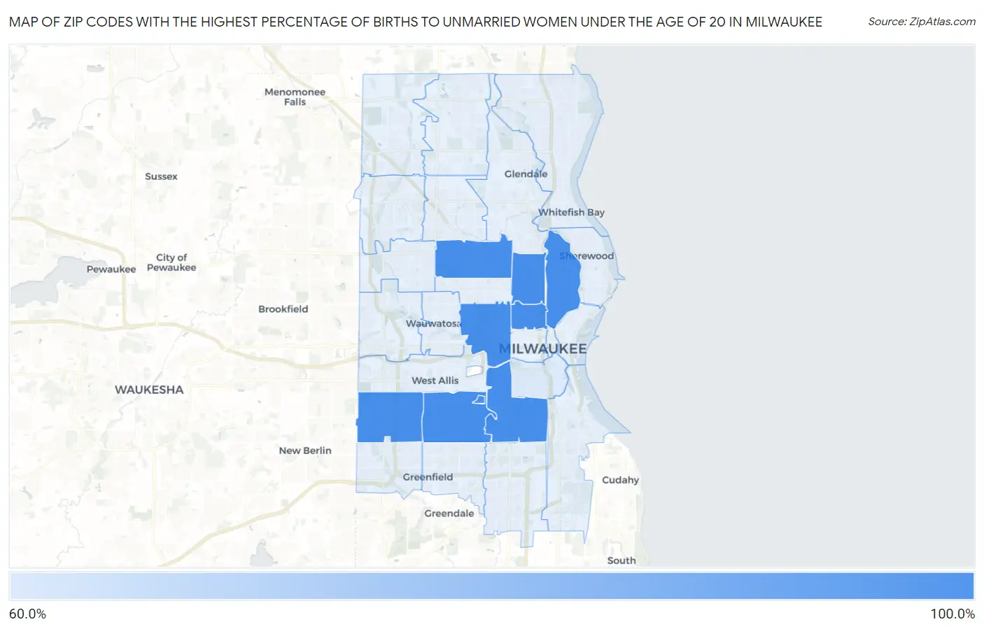 Zip Codes with the Highest Percentage of Births to Unmarried Women under the Age of 20 in Milwaukee Map