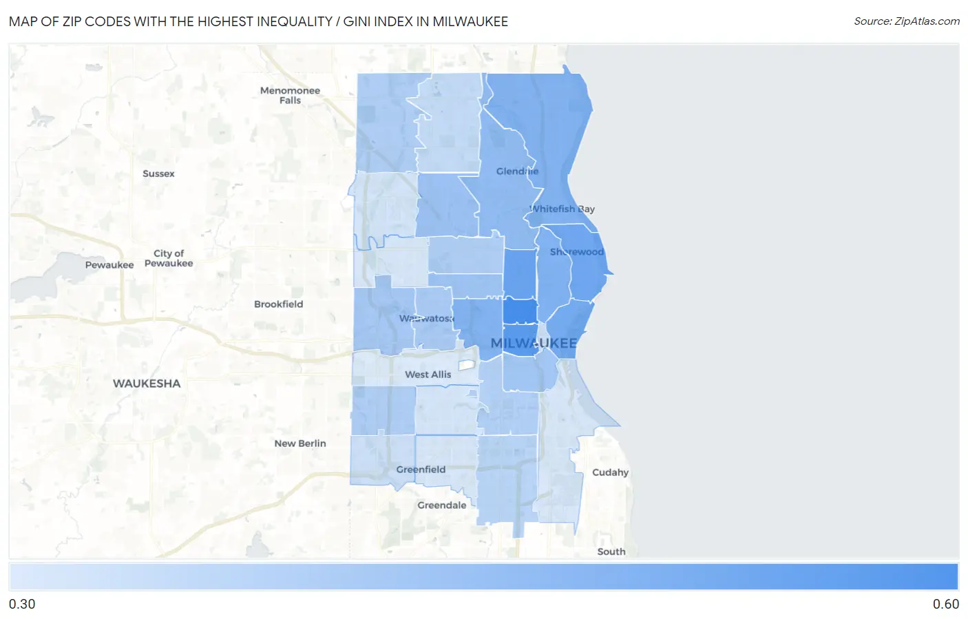 Zip Codes with the Highest Inequality / Gini Index in Milwaukee Map