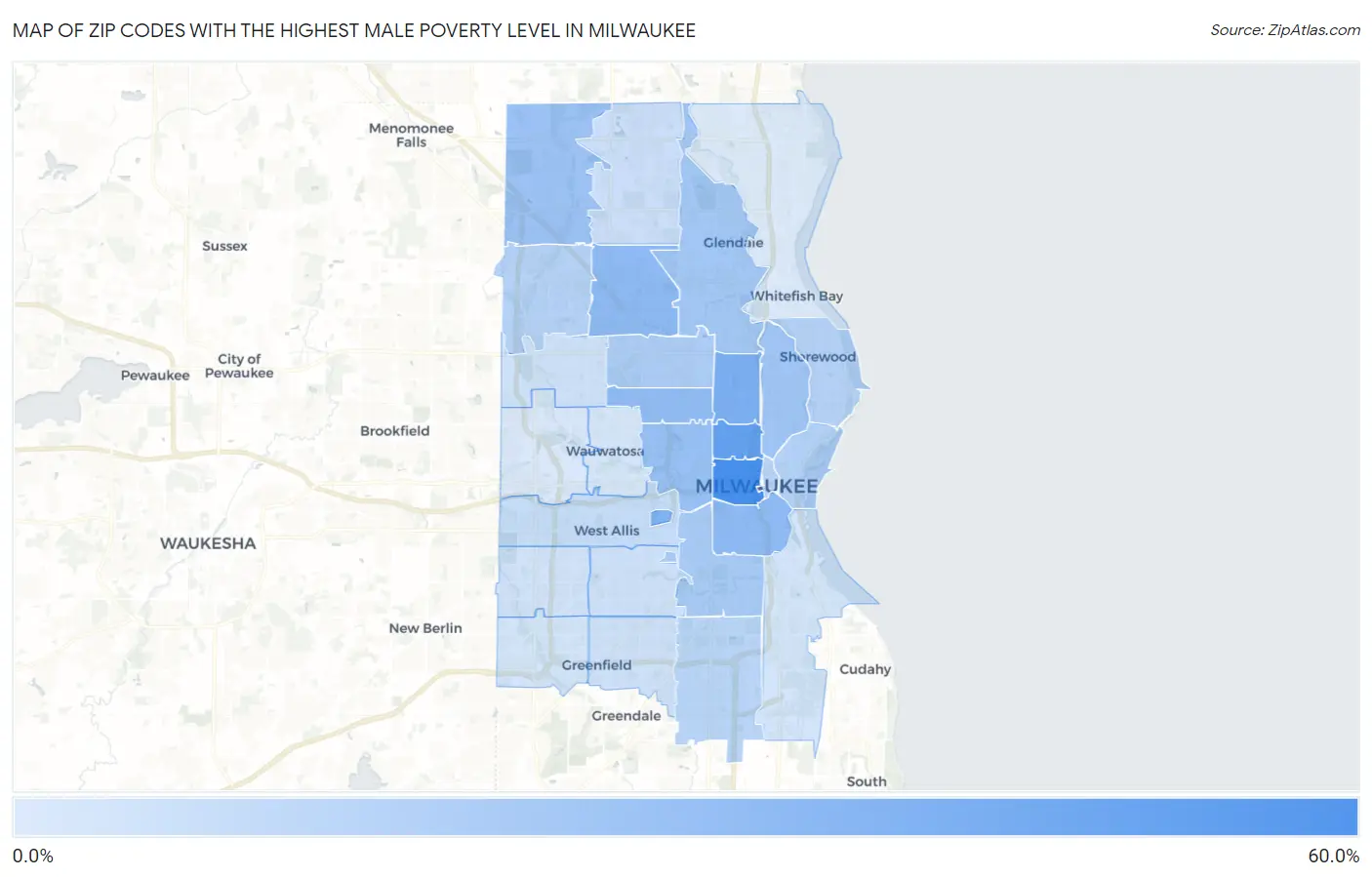 Zip Codes with the Highest Male Poverty Level in Milwaukee Map