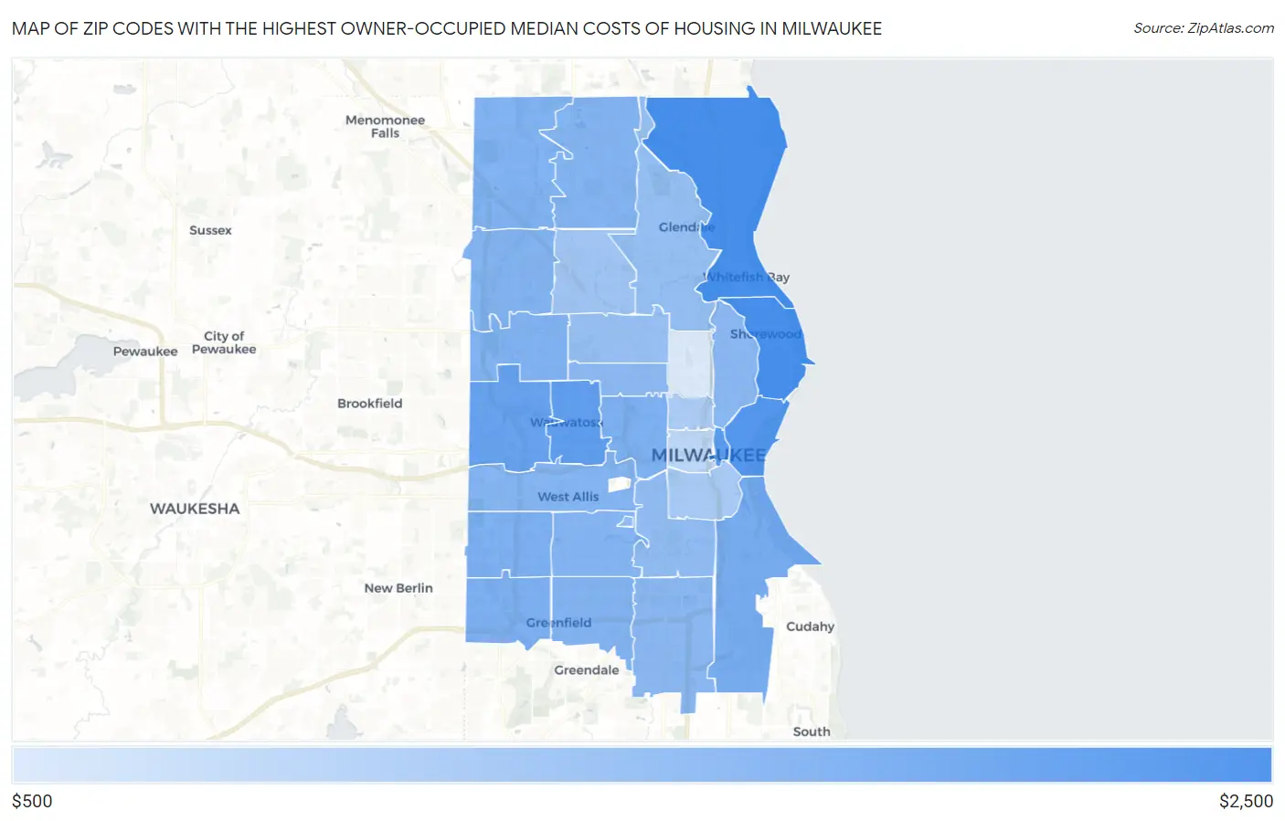 Zip Codes with the Highest Owner-Occupied Median Costs of Housing in Milwaukee Map