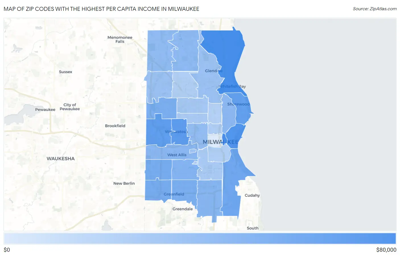 Zip Codes with the Highest Per Capita Income in Milwaukee Map