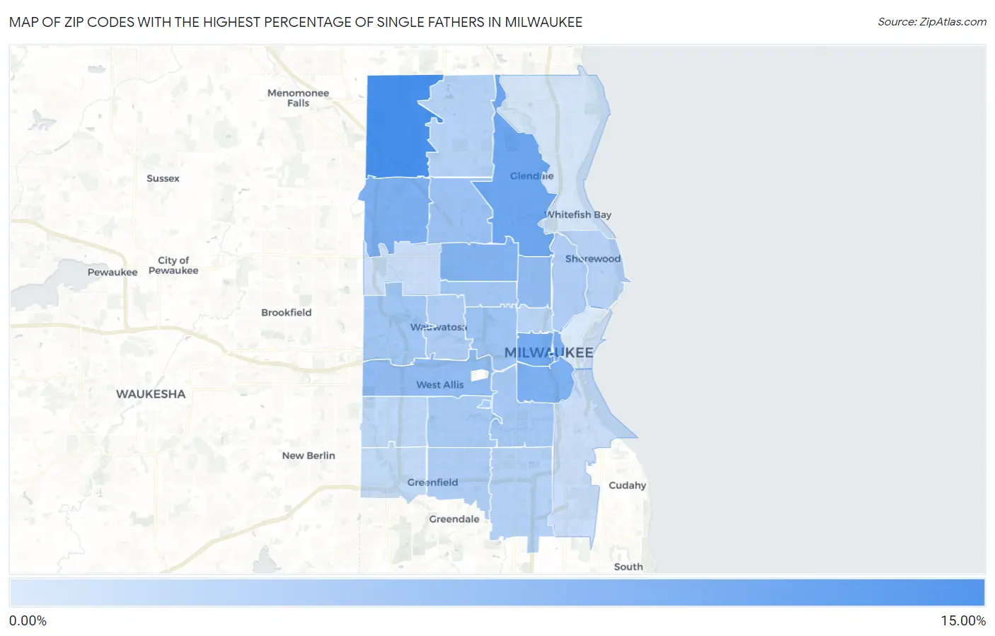 Zip Codes with the Highest Percentage of Single Fathers in Milwaukee Map