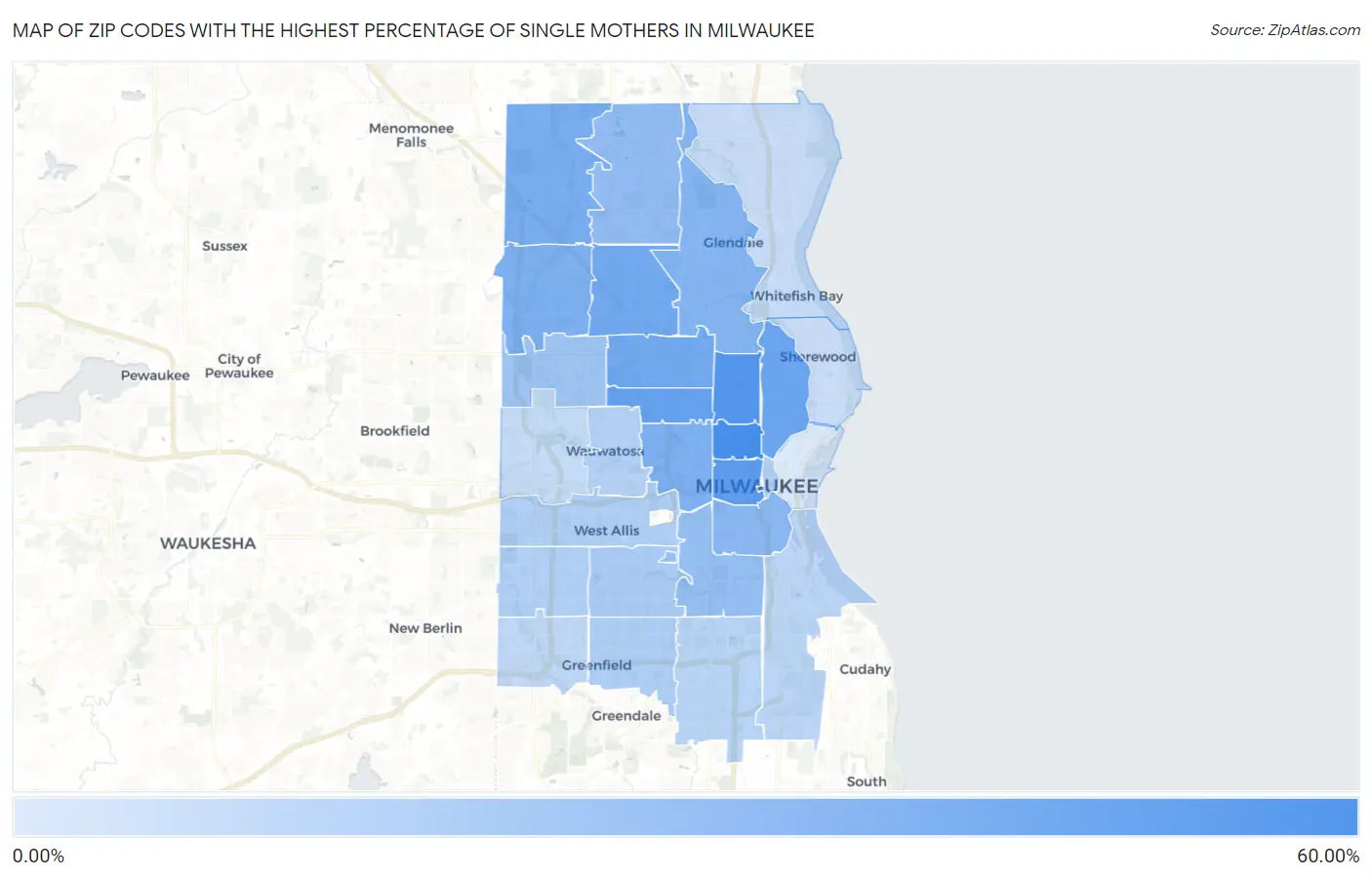 Zip Codes with the Highest Percentage of Single Mothers in Milwaukee Map