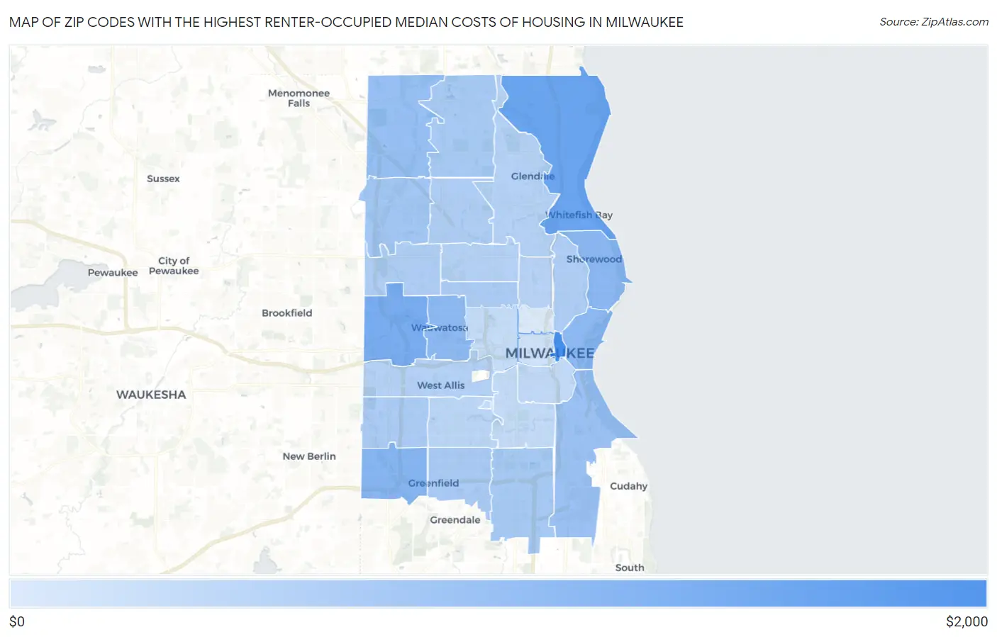 Zip Codes with the Highest Renter-Occupied Median Costs of Housing in Milwaukee Map