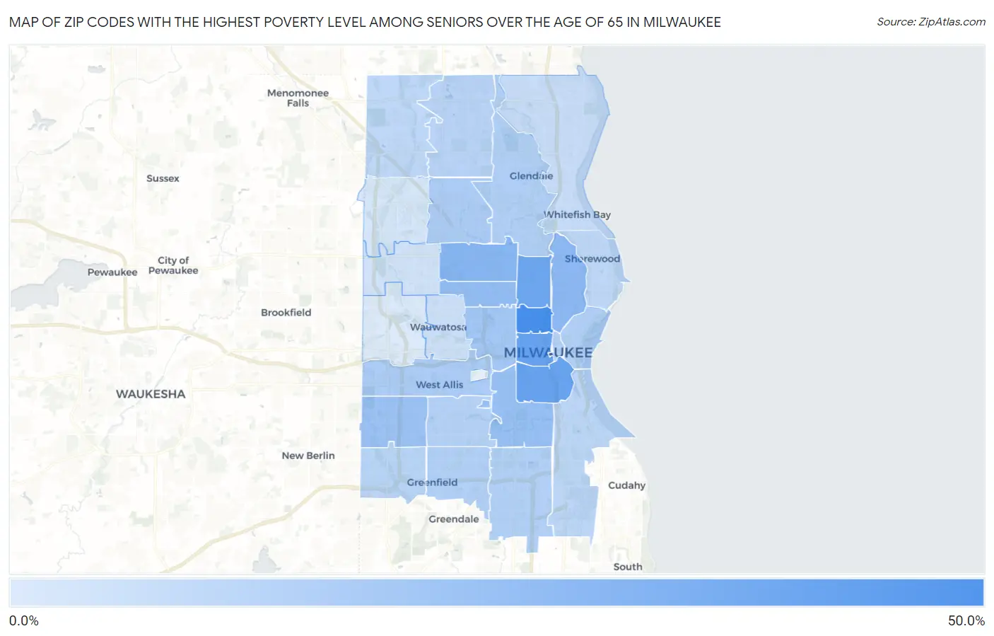 Zip Codes with the Highest Poverty Level Among Seniors Over the Age of 65 in Milwaukee Map