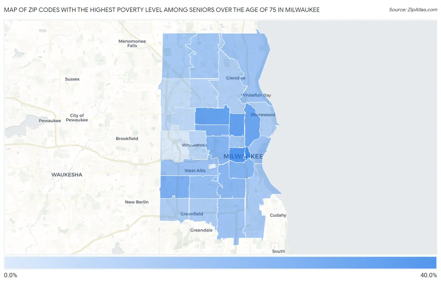 Zip Codes with the Highest Poverty Level Among Seniors Over the Age of 75 in Milwaukee Map