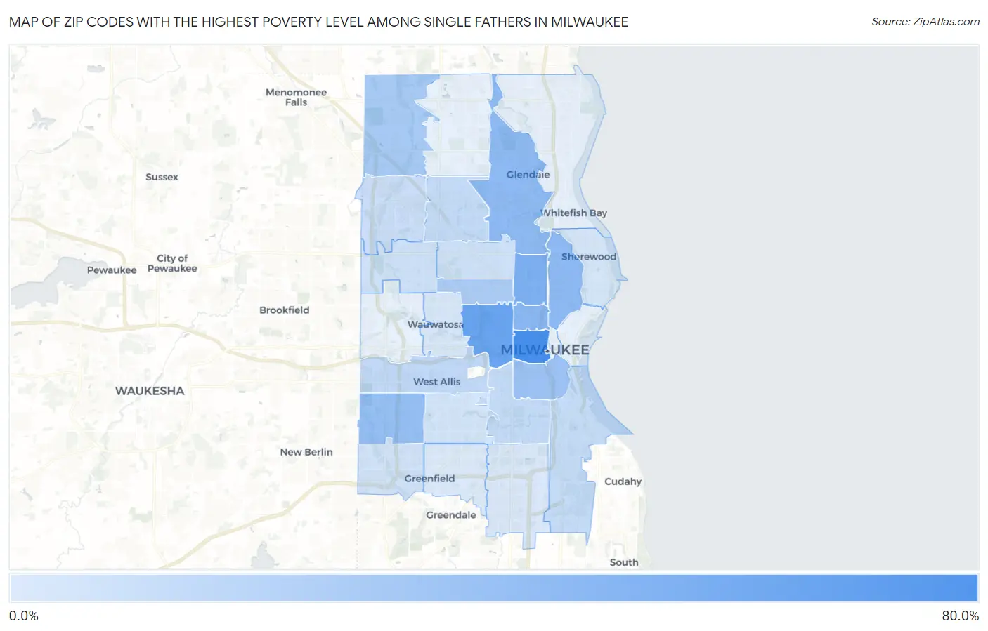 Zip Codes with the Highest Poverty Level Among Single Fathers in Milwaukee Map