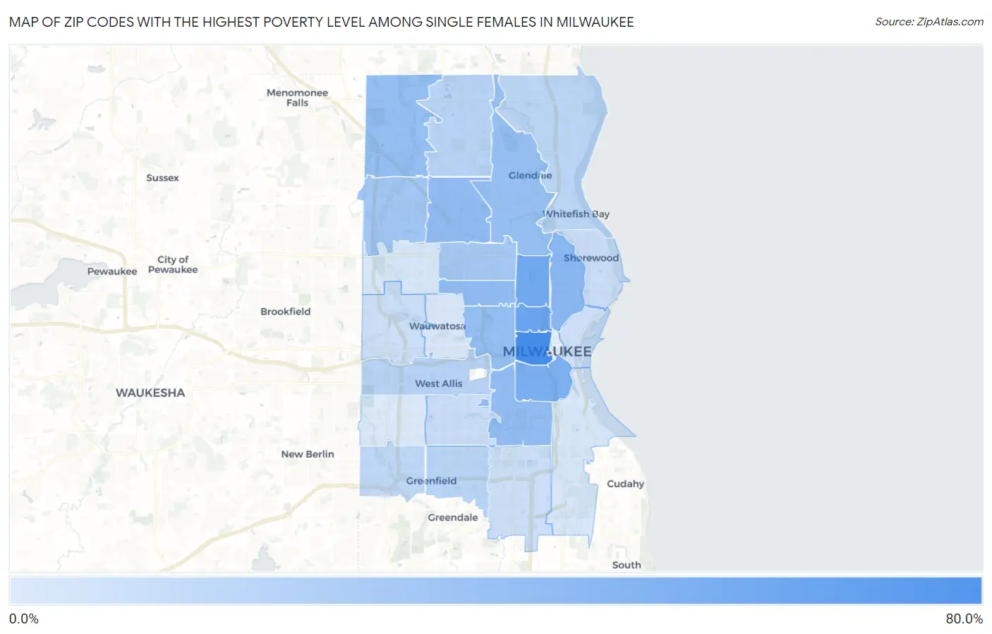 Zip Codes with the Highest Poverty Level Among Single Females in Milwaukee Map