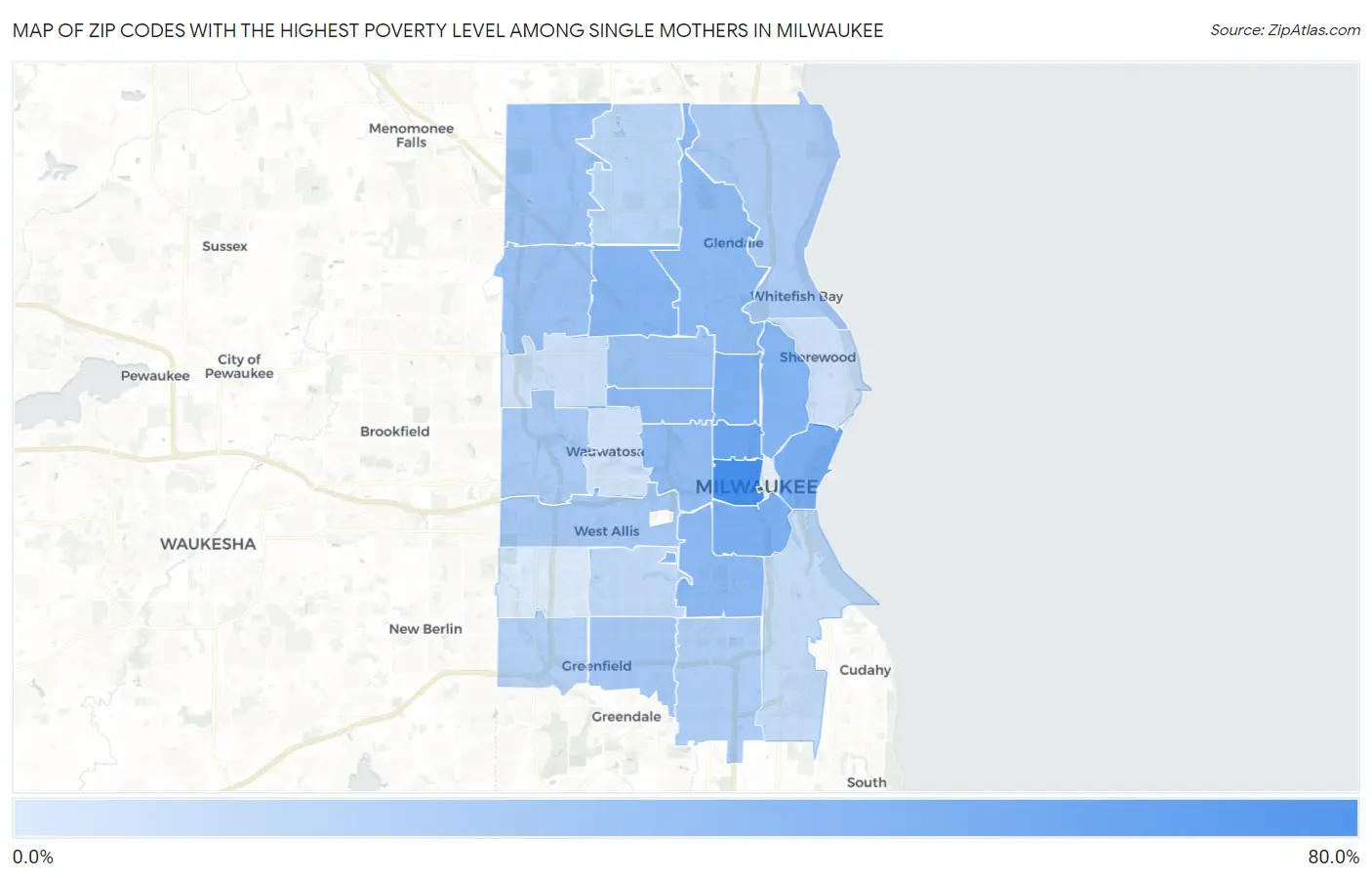 Zip Codes with the Highest Poverty Level Among Single Mothers in Milwaukee Map