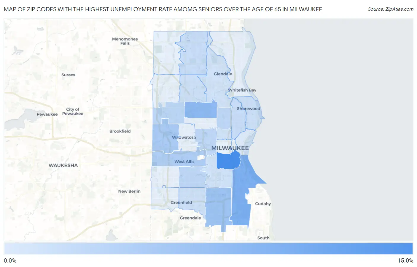 Zip Codes with the Highest Unemployment Rate Amomg Seniors Over the Age of 65 in Milwaukee Map