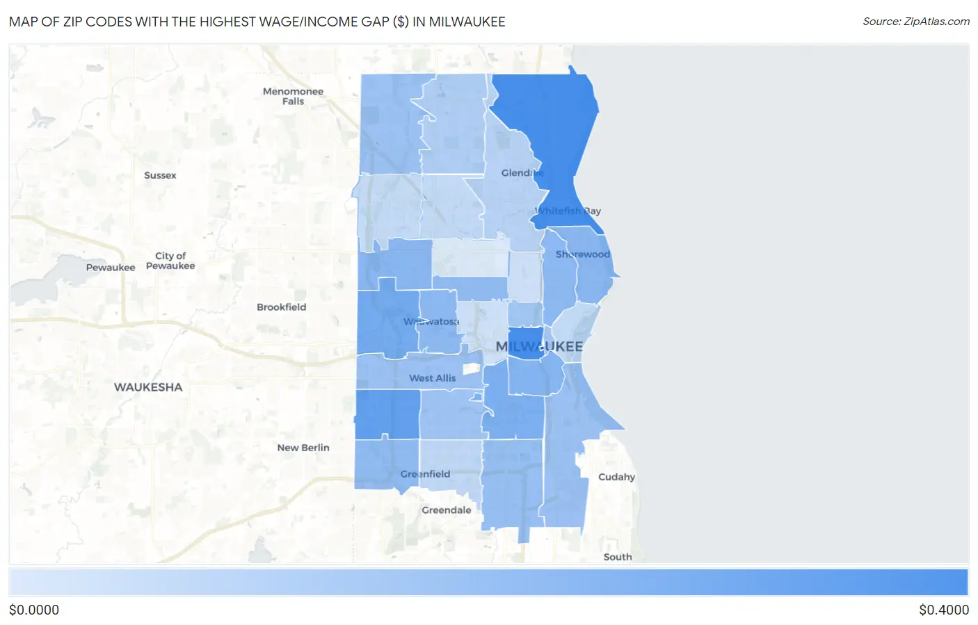 Zip Codes with the Highest Wage/Income Gap ($) in Milwaukee Map