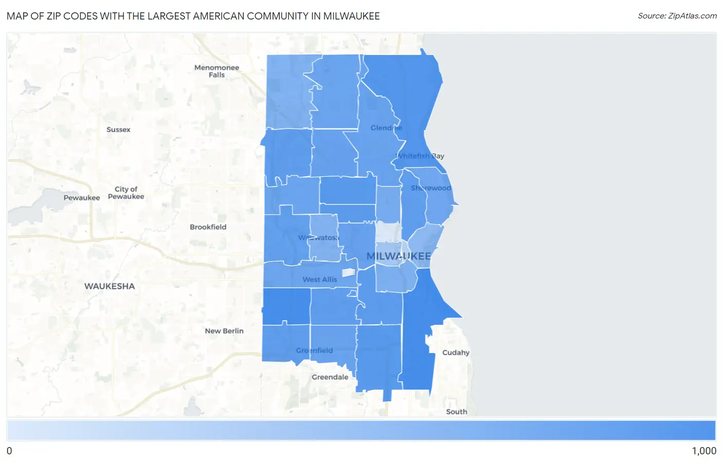Zip Codes with the Largest American Community in Milwaukee Map
