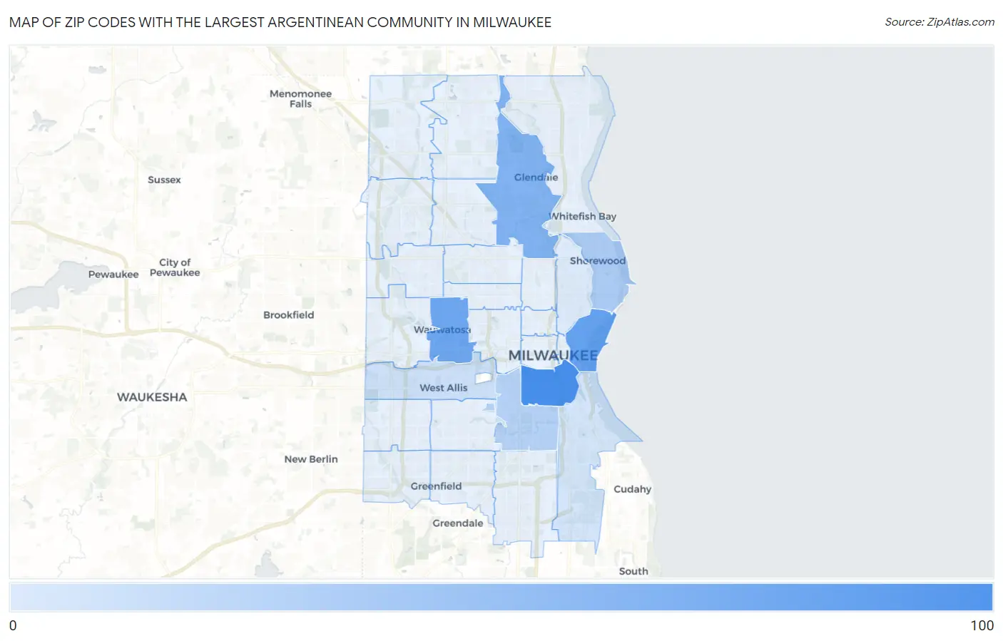 Zip Codes with the Largest Argentinean Community in Milwaukee Map