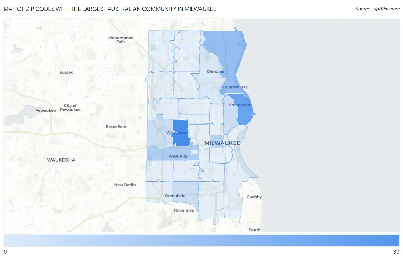 Zip Codes with the Largest Australian Community in Milwaukee Map