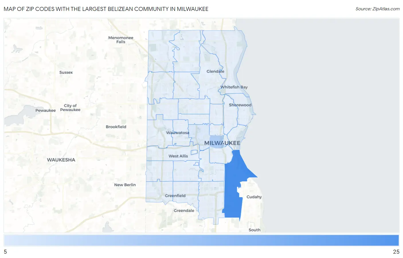 Zip Codes with the Largest Belizean Community in Milwaukee Map