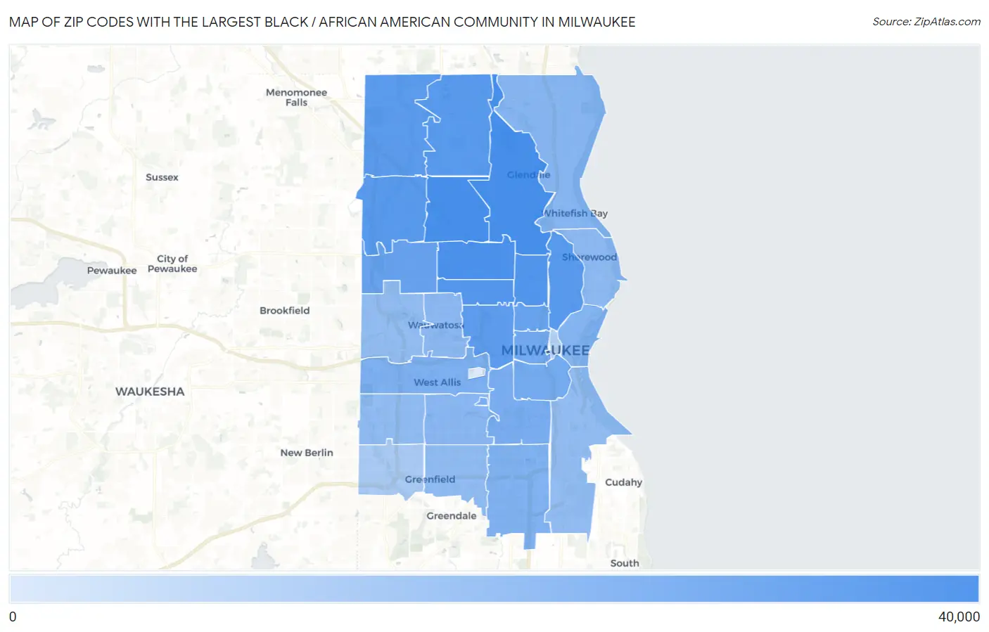 Zip Codes with the Largest Black / African American Community in Milwaukee Map