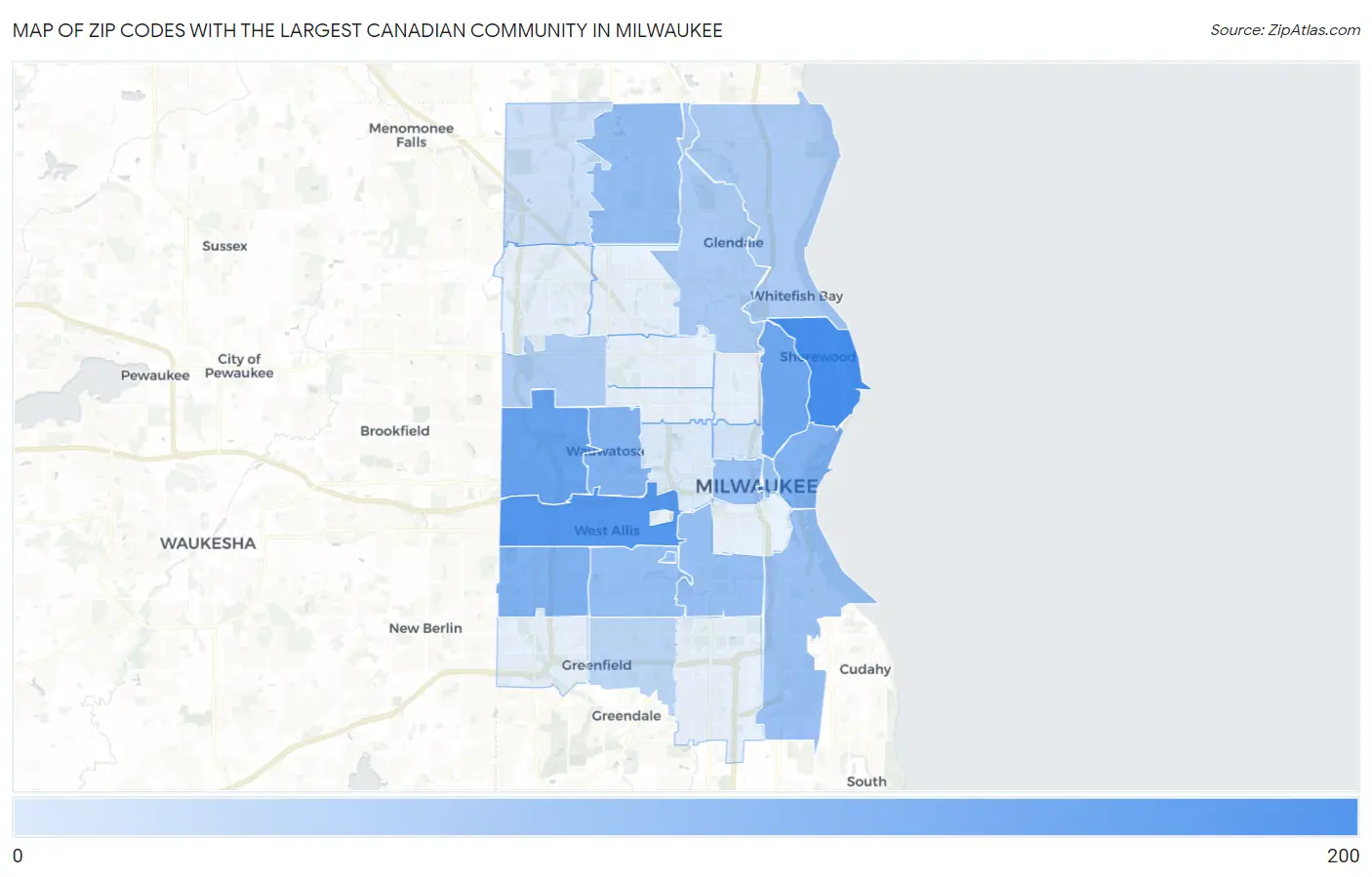Zip Codes with the Largest Canadian Community in Milwaukee Map