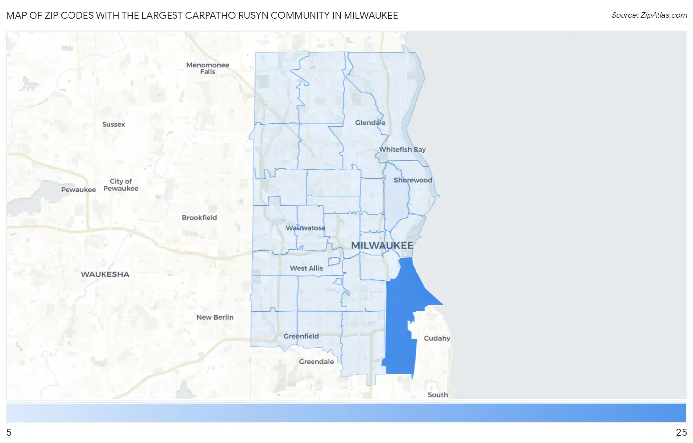 Zip Codes with the Largest Carpatho Rusyn Community in Milwaukee Map