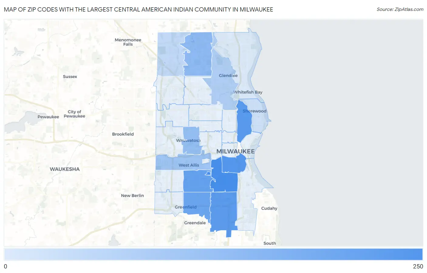 Zip Codes with the Largest Central American Indian Community in Milwaukee Map