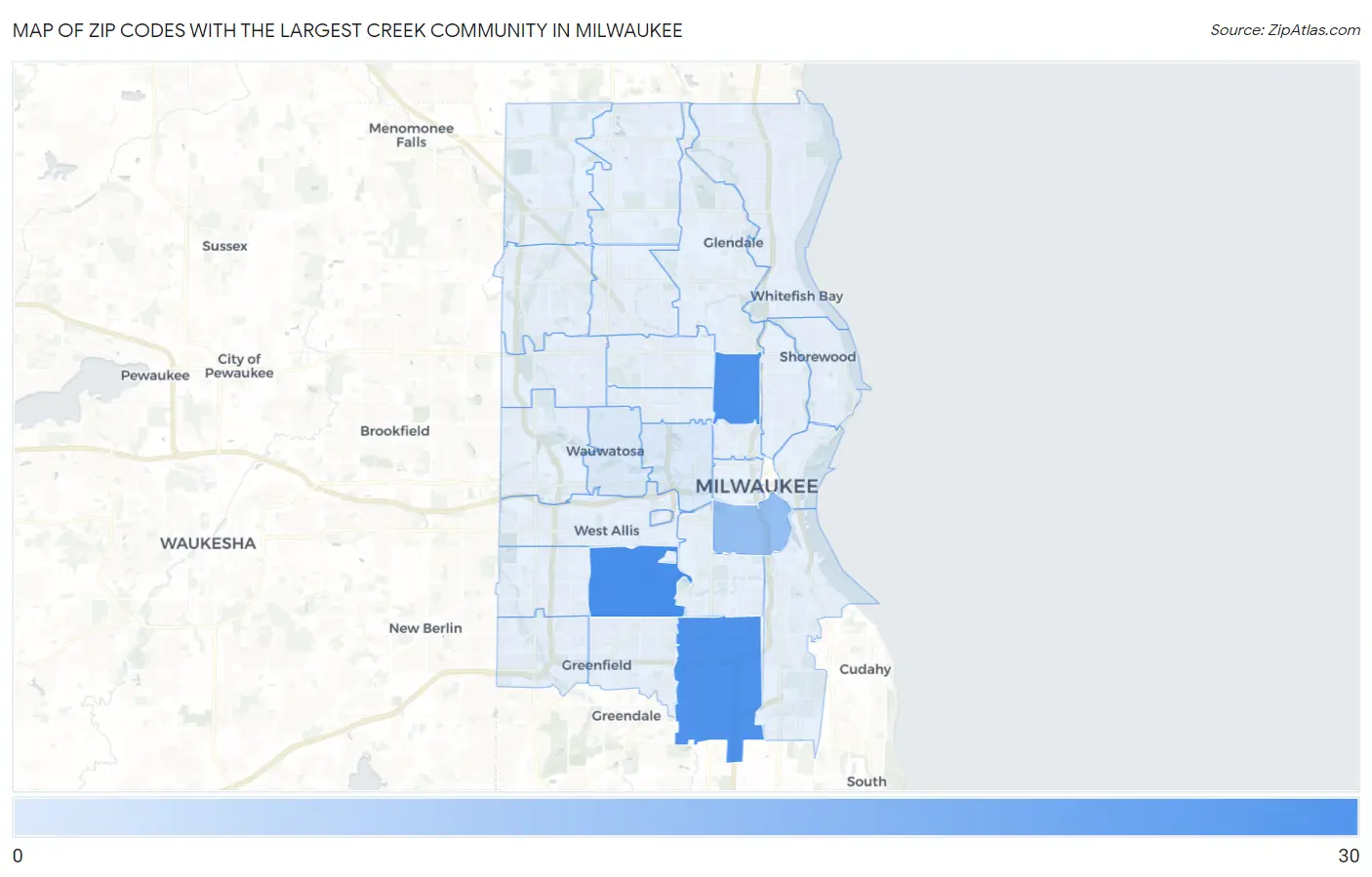 Zip Codes with the Largest Creek Community in Milwaukee Map