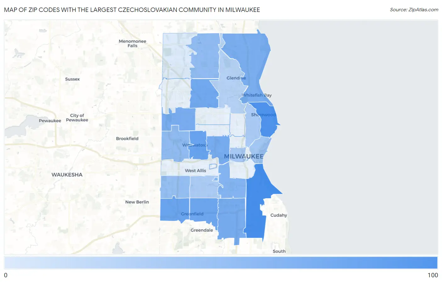 Zip Codes with the Largest Czechoslovakian Community in Milwaukee Map