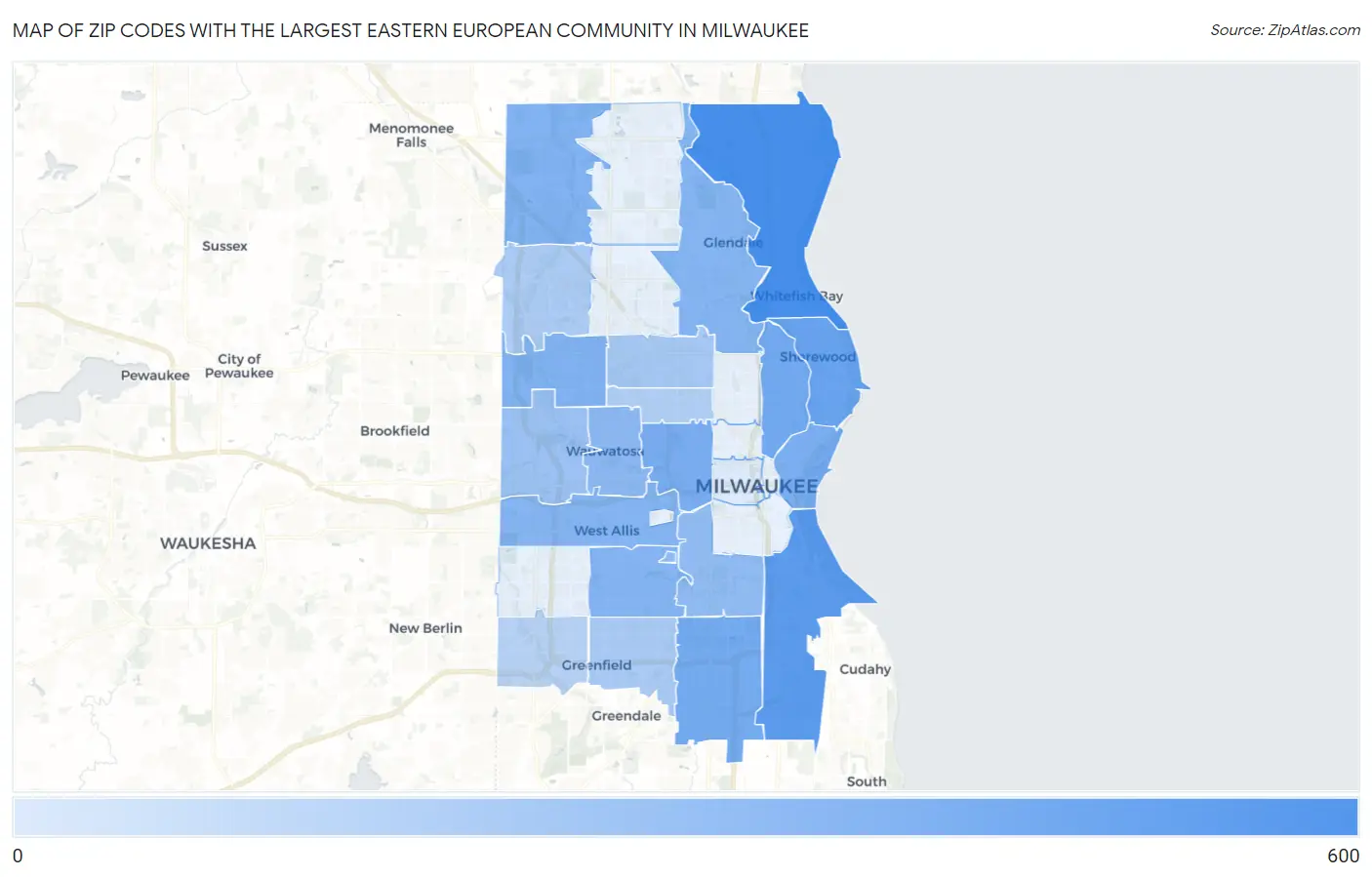 Zip Codes with the Largest Eastern European Community in Milwaukee Map