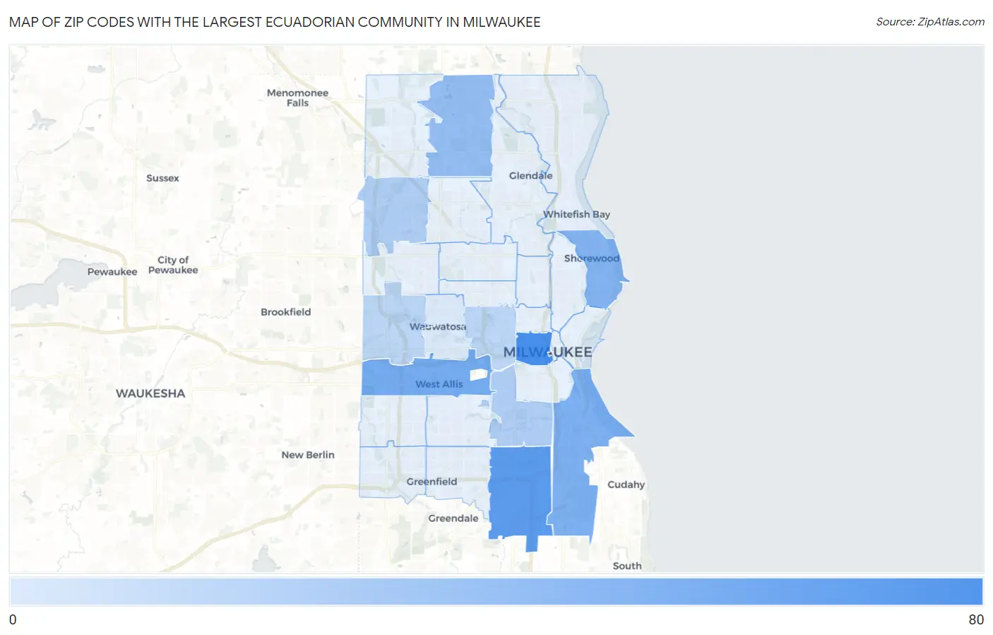 Zip Codes with the Largest Ecuadorian Community in Milwaukee Map