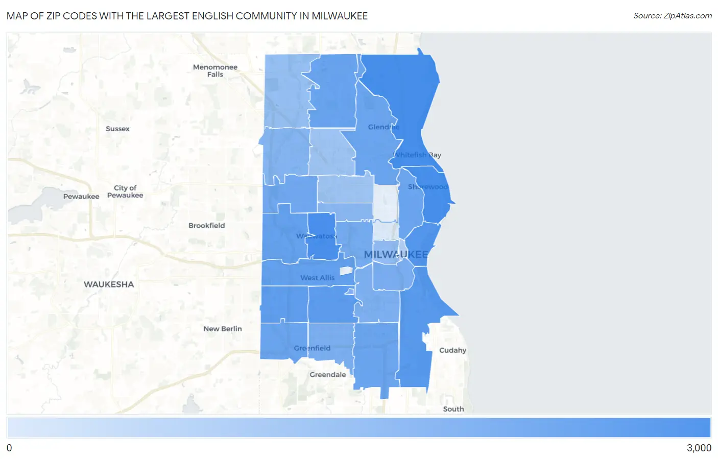 Zip Codes with the Largest English Community in Milwaukee Map