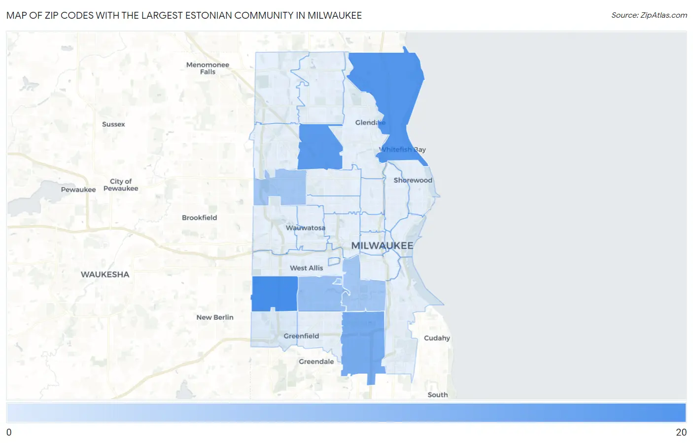 Zip Codes with the Largest Estonian Community in Milwaukee Map