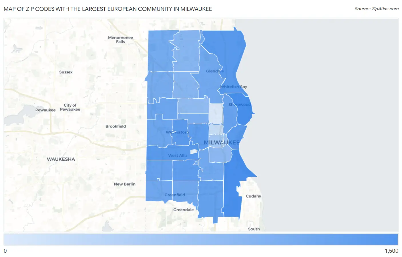 Zip Codes with the Largest European Community in Milwaukee Map