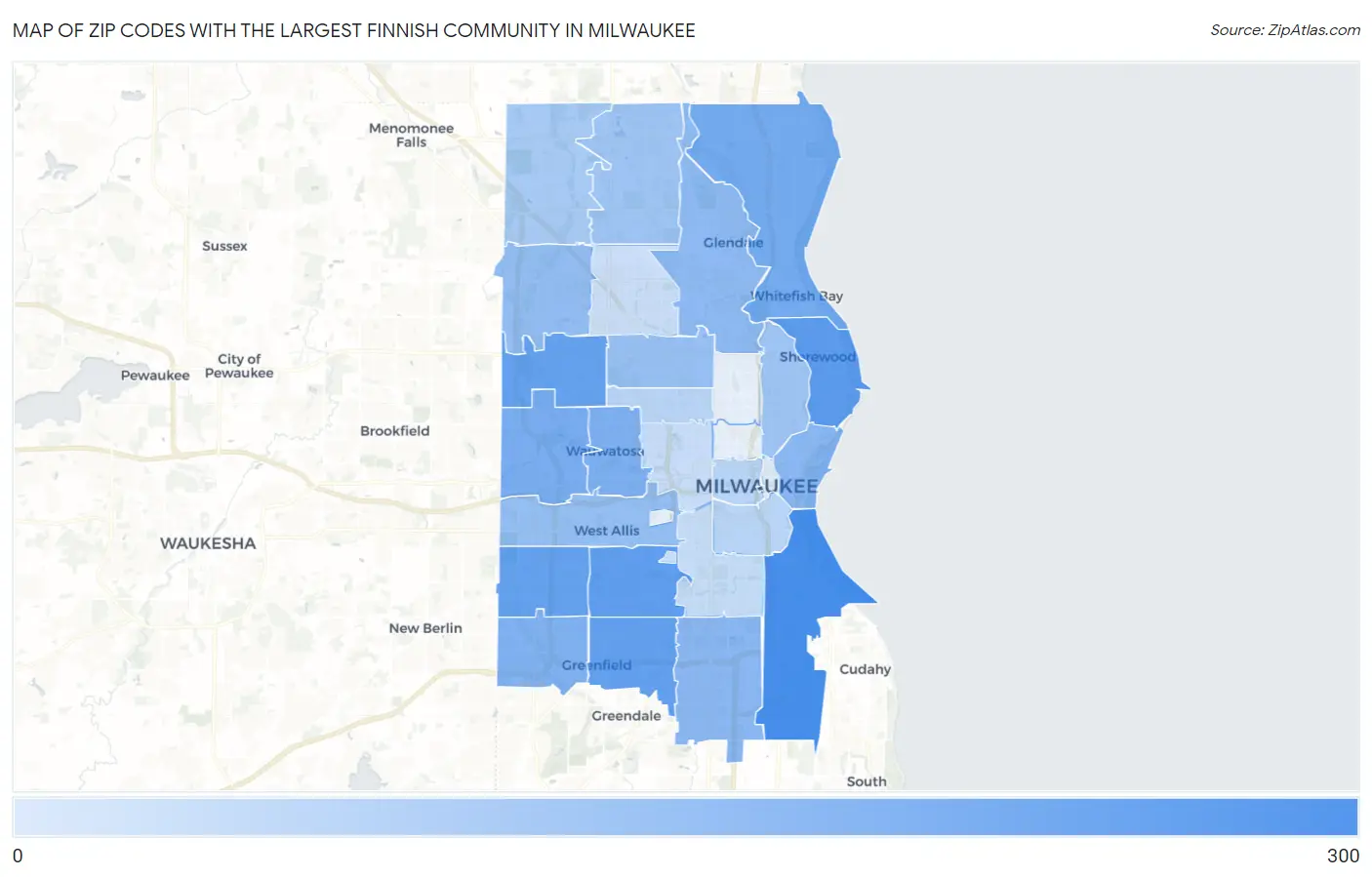 Zip Codes with the Largest Finnish Community in Milwaukee Map