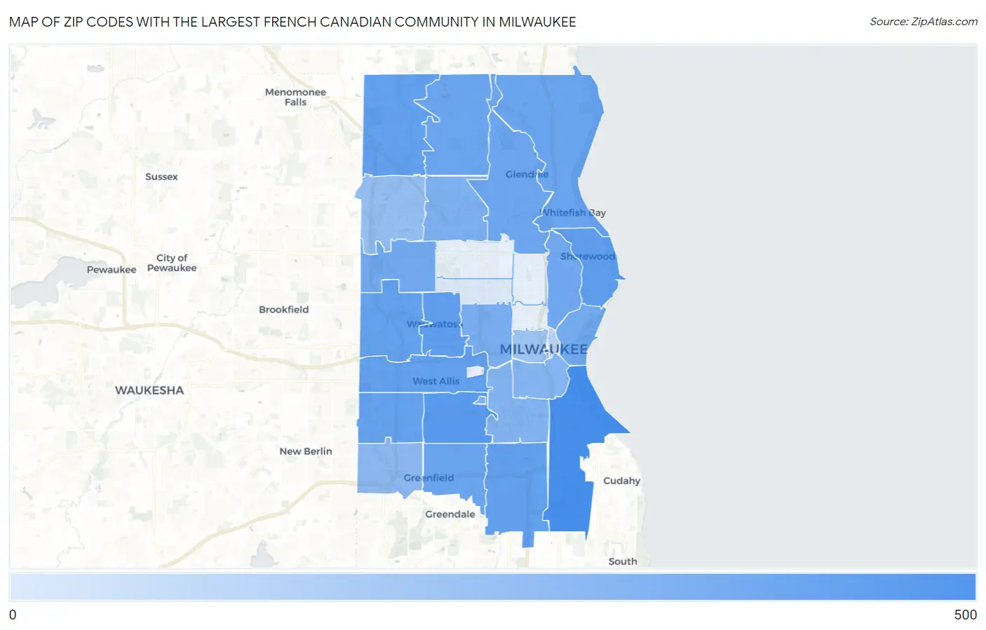 Zip Codes with the Largest French Canadian Community in Milwaukee Map