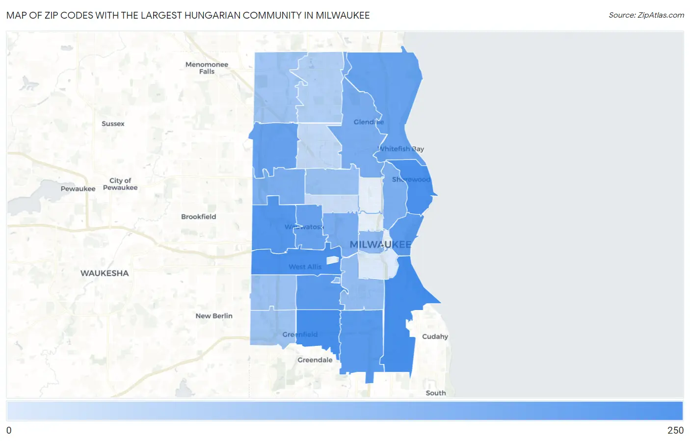 Zip Codes with the Largest Hungarian Community in Milwaukee Map