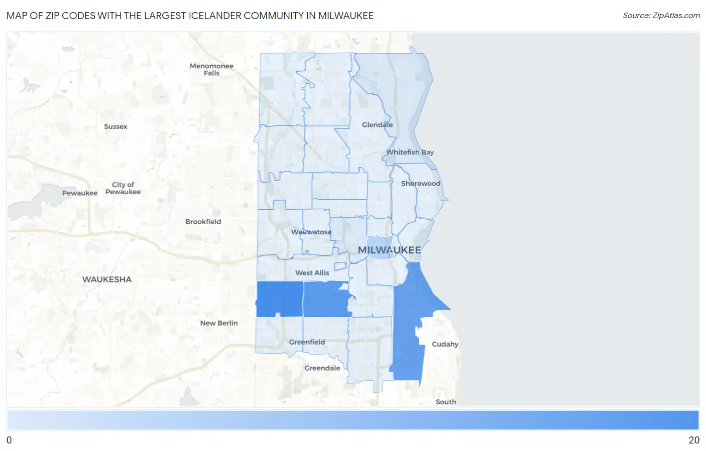 Zip Codes with the Largest Icelander Community in Milwaukee Map