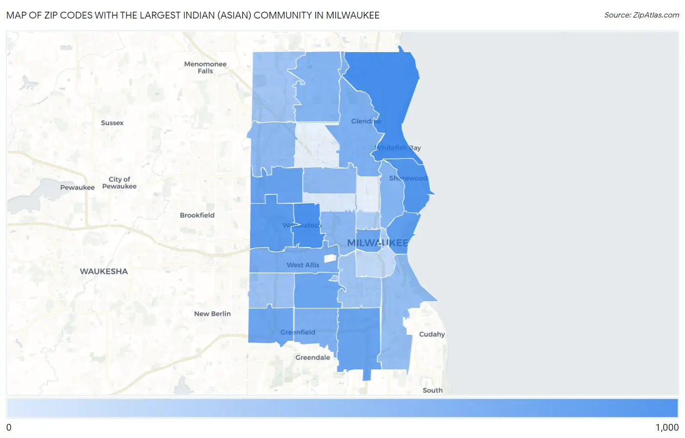 Zip Codes with the Largest Indian (Asian) Community in Milwaukee Map
