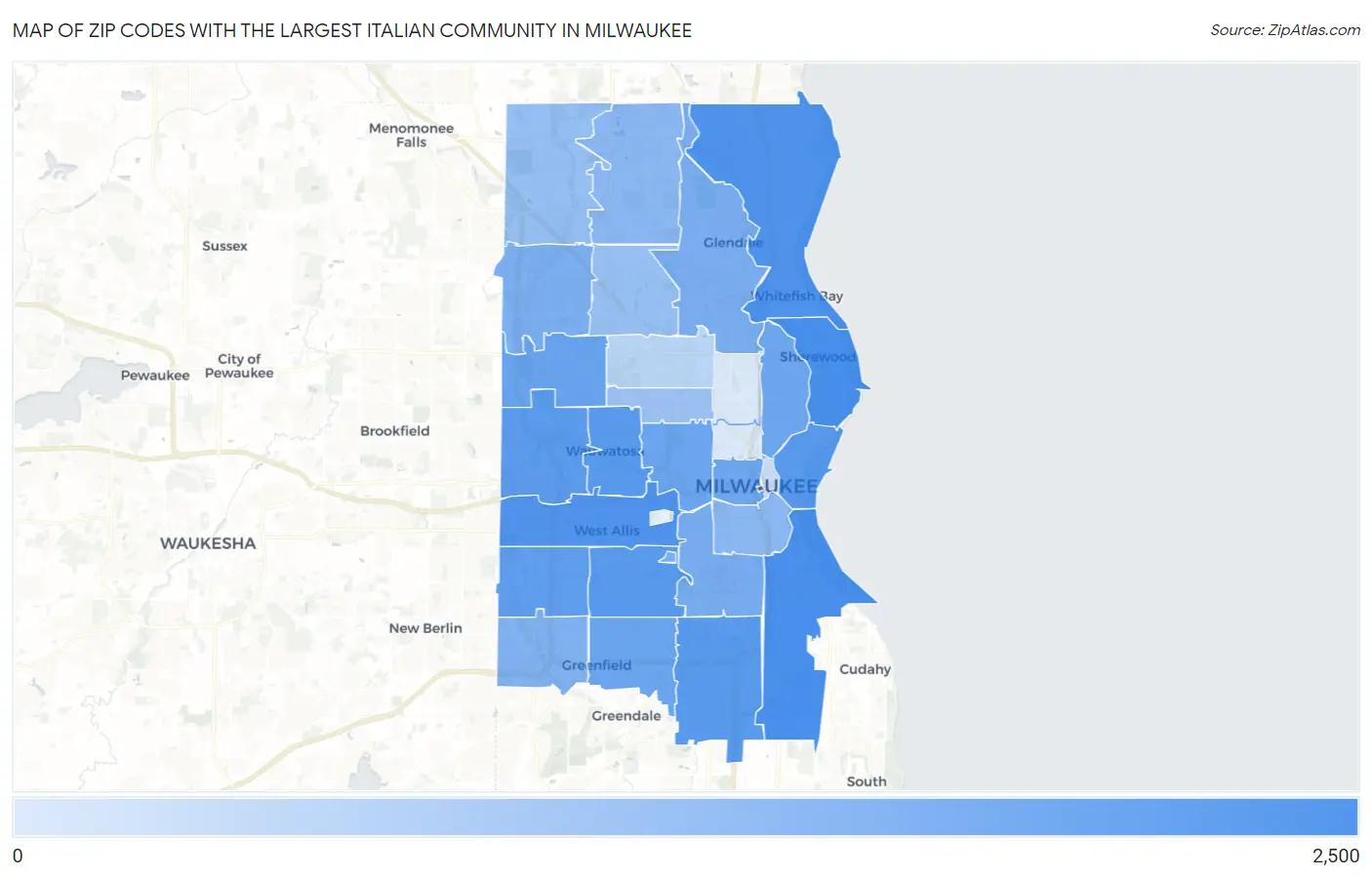 Zip Codes with the Largest Italian Community in Milwaukee Map