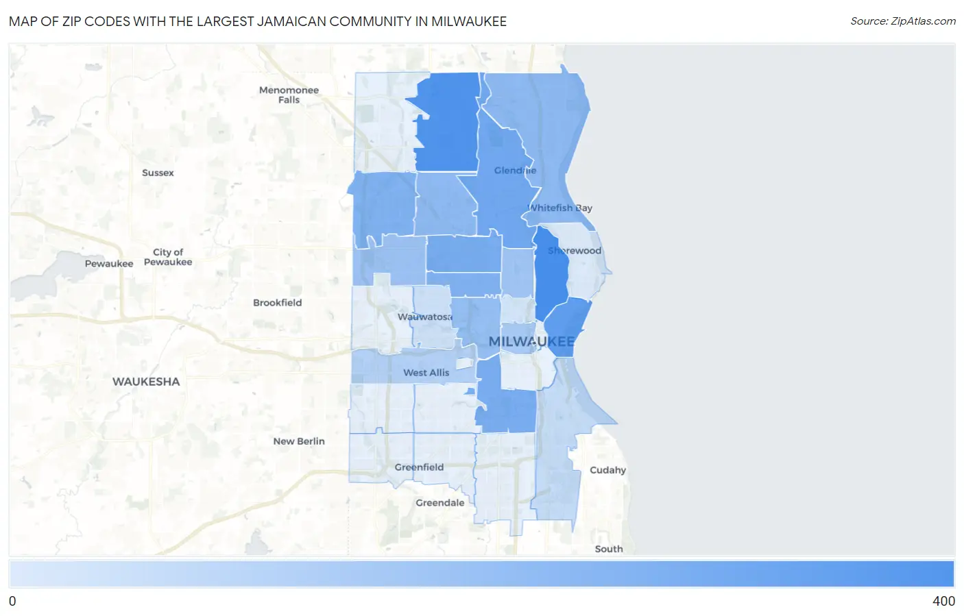 Zip Codes with the Largest Jamaican Community in Milwaukee Map