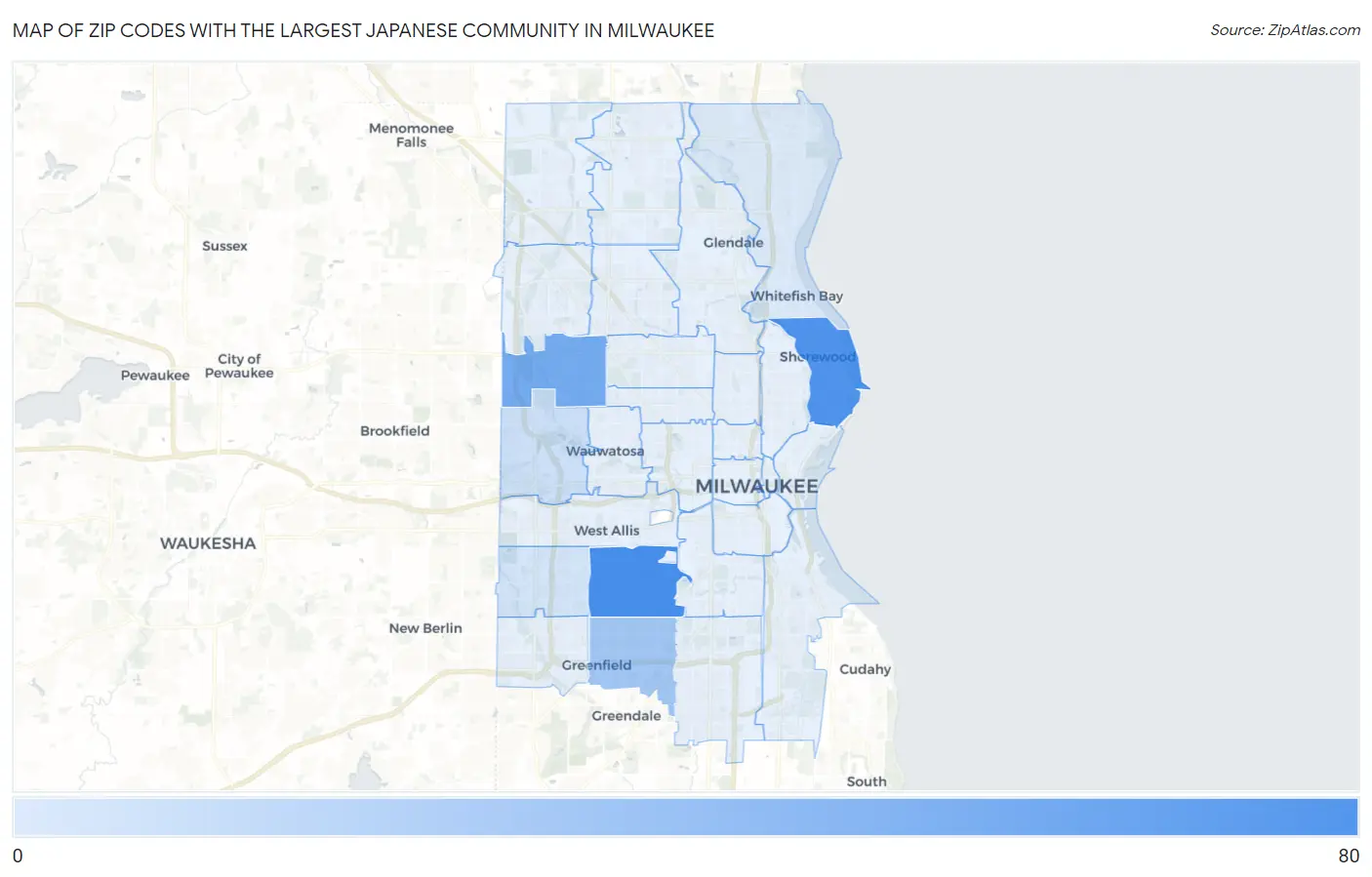 Zip Codes with the Largest Japanese Community in Milwaukee Map