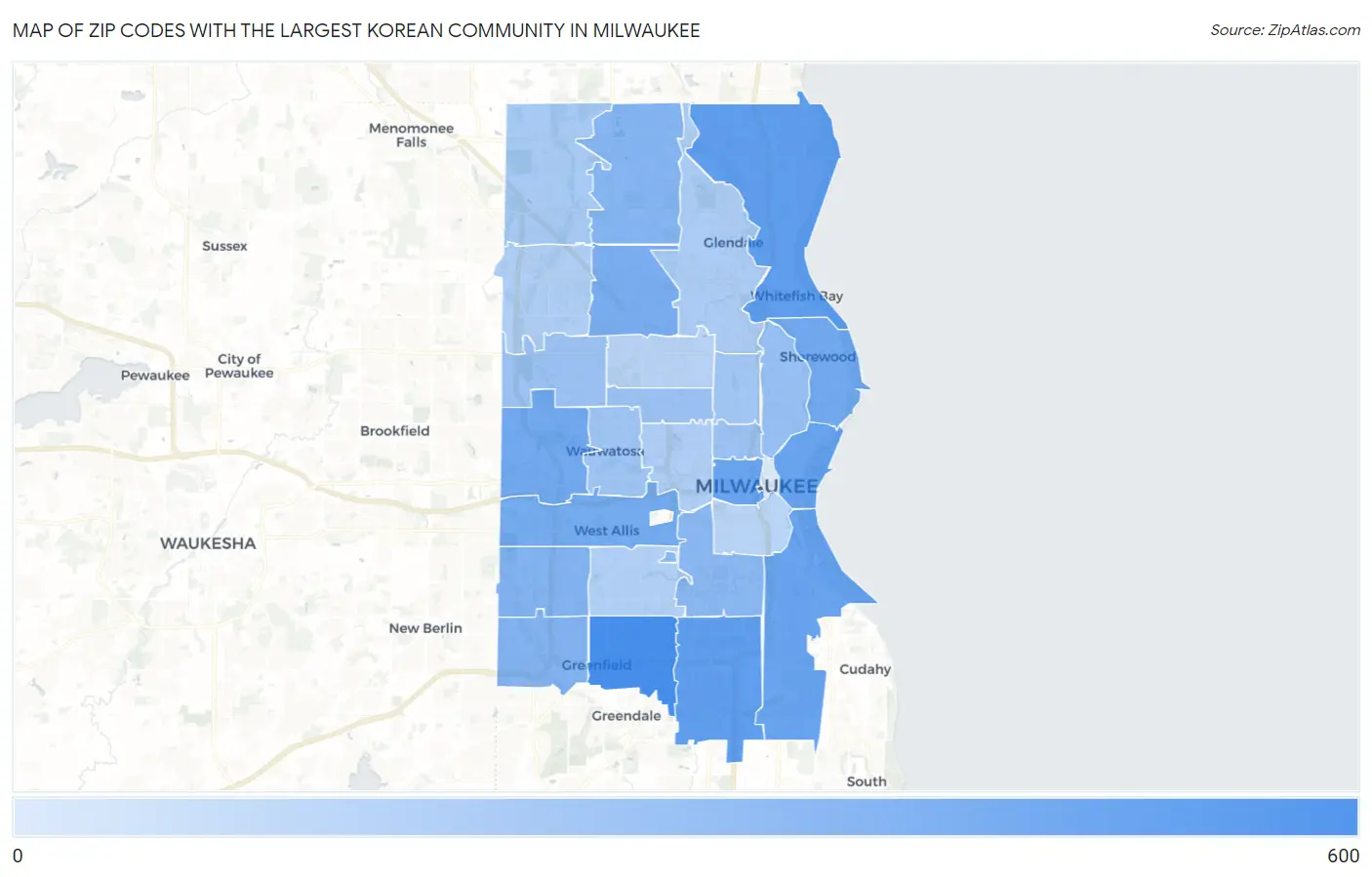 Zip Codes with the Largest Korean Community in Milwaukee Map